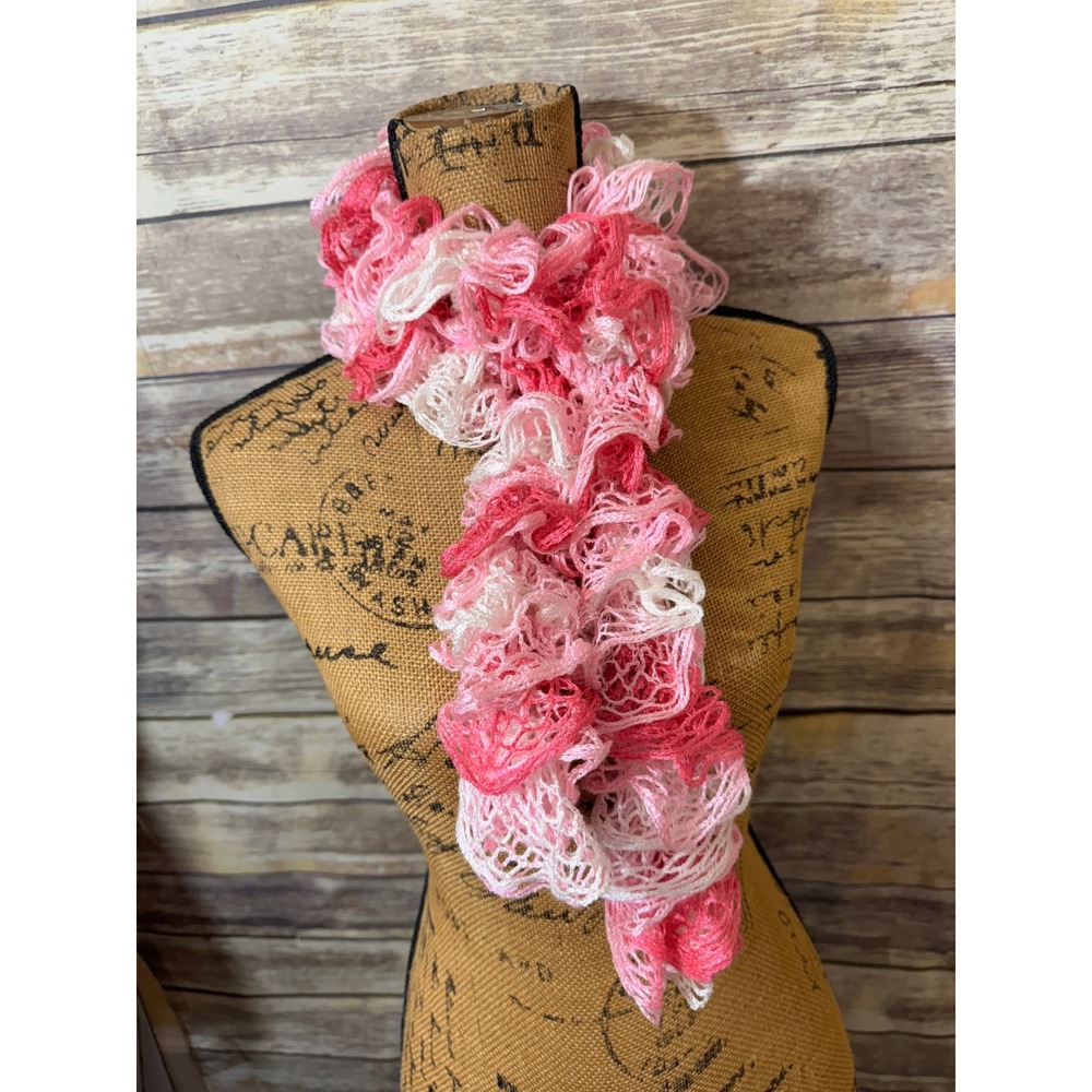 Y2K Pink White Ruffle Sash Scarf Crochet Style Net Knit Spiral Ombre Soft Girl